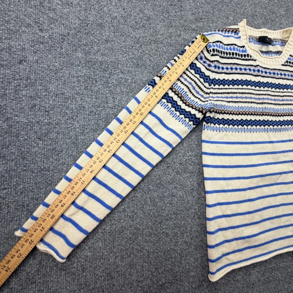 J.Crew Small 100% Wool Fair Isle Striped Crewneck Sweater Cream Blue